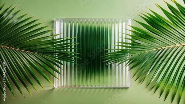 Fototapeta Green palm with reeded glass. Stylish blank canvas with realistic texture for premium illustration. Ribbed Background. White Reeded Glass. Blurred luxury banner for summer presentation. Plant leaves.
