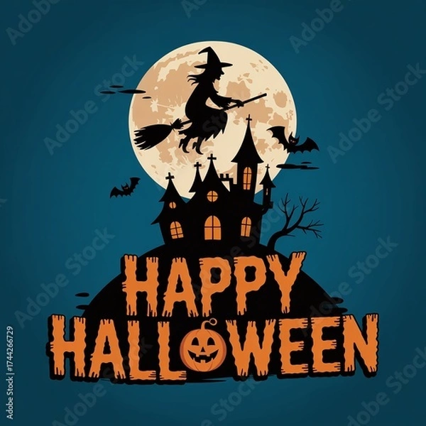Fototapeta Happy Halloween spooky night graphic with a witch riding a broomstick, bats, haunted castle, and a glowing orange full moon.

