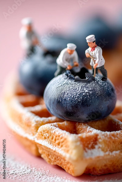 Fototapeta Three tiny chefs craft a blueberry pastry atop waffles, dusted with sugar, in a soft, dreamlike culinary scene.