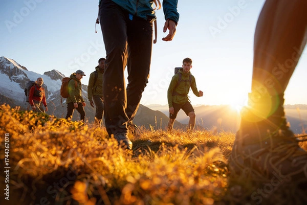 Fototapeta Group of hikers on a grassy mountain trail at sunset with golden backlight and alpine view. Generative AI