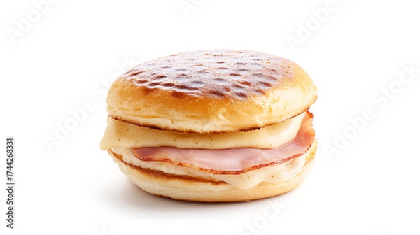 Fototapeta Delicious ham and cheese sandwich, a simple yet satisfying meal. Golden brown bun with melted cheese and savory ham. Perfect for a quick bite!