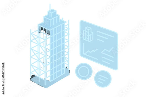 Fototapeta Futuristic neon blueprint of a modern skyscraper with digital interface