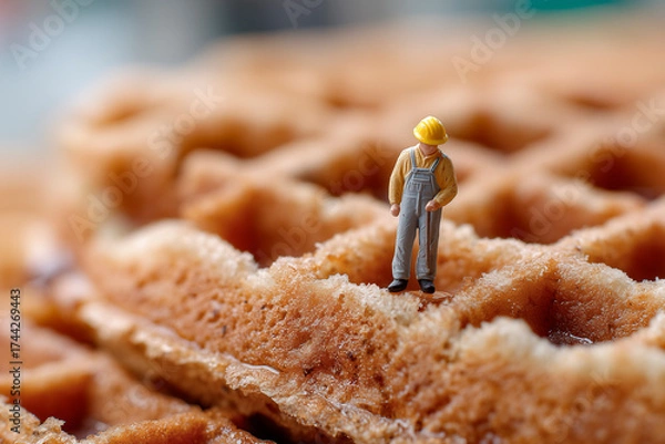 Fototapeta A tiny worker figure stands on a crumbly bread surface, wearing a yellow helmet and gray overalls, exploring a surreal, macro world.