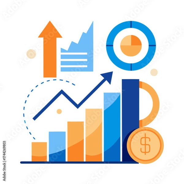 Fototapeta Vector illustration of business growth concept with bar charts arrow upward and target icon