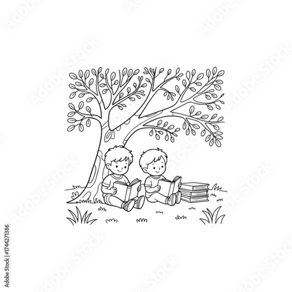 Fototapeta Two boys reading books under a leafy tree black and white illustration