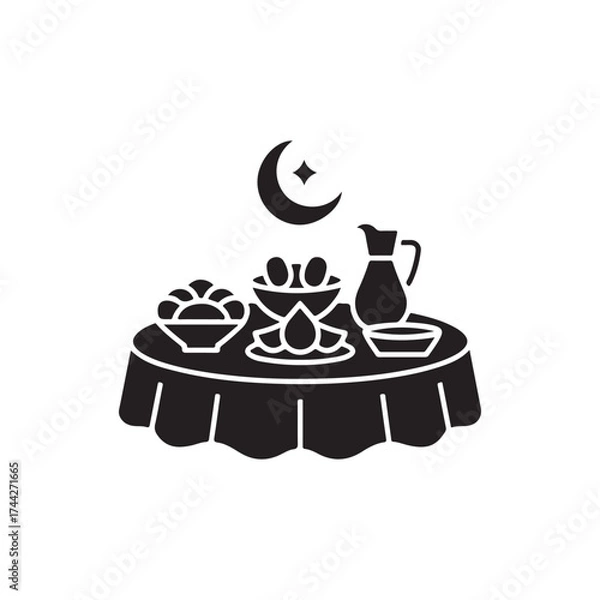 Fototapeta Ramadan iftar meal still life with crescent moon and dining setup