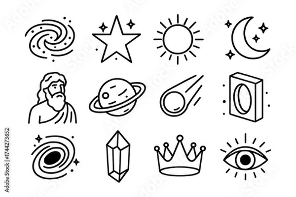 Obraz Celestial and philosophical icons: cosmic elements and figures in linear style