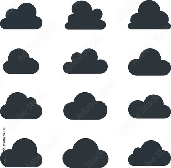 Obraz Collection of dark gray cloud icons on a white background