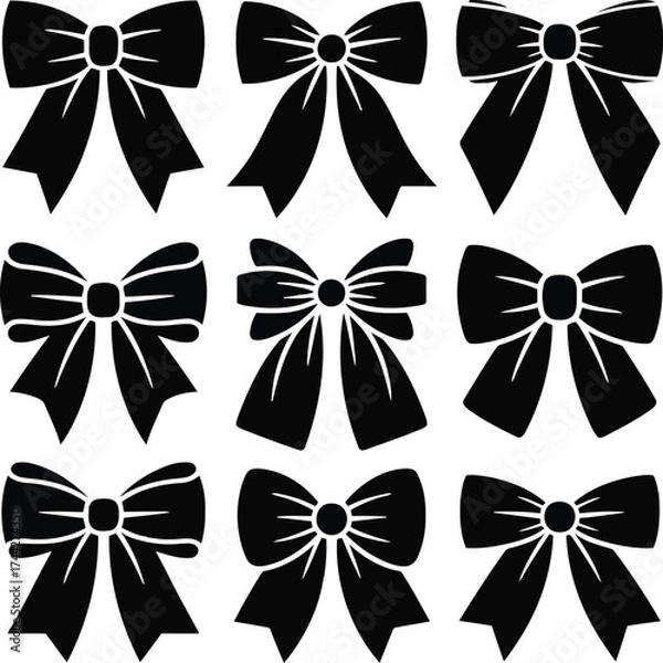 Fototapeta Collection of nine black ribbon bows on a white background