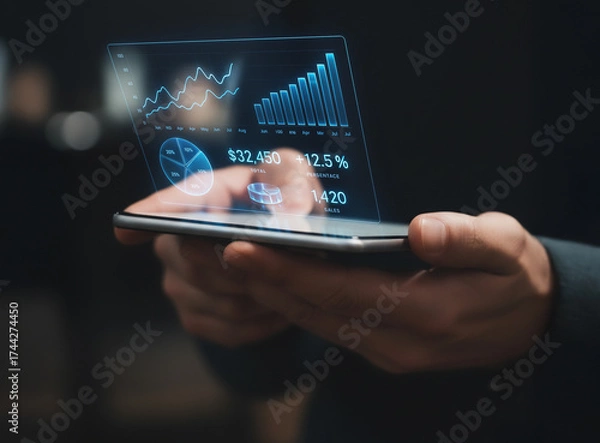 Obraz Financial Analytics with a Virtual Sales Report on a Mobile Device.