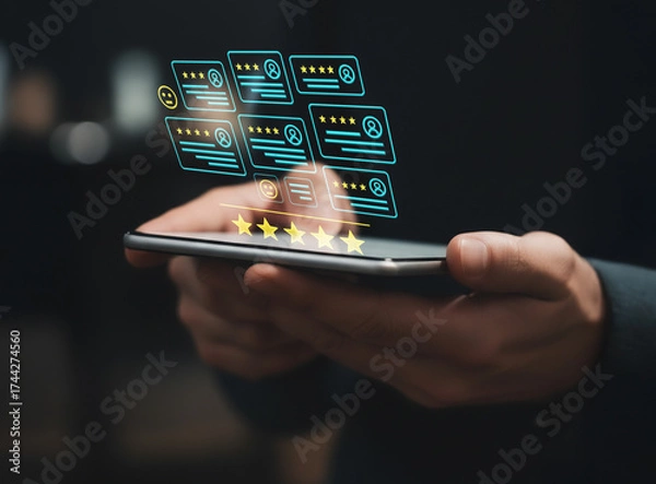 Obraz Checking Customer Feedback and Online Reviews on a Mobile Device.