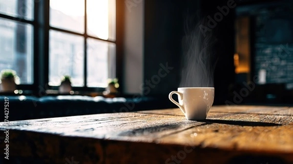 Obraz SteamingCoffeeCupOnWoodenTable