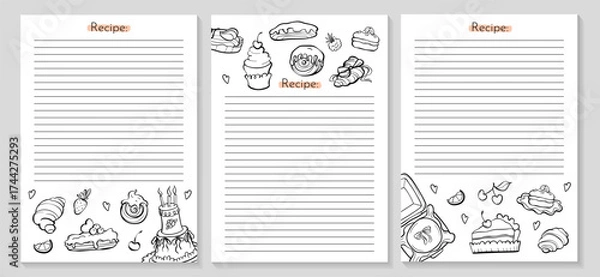 Obraz Set of three recipe notebook pages with doodle cake, croissant, berry and dessert. Cute bakery notebook template. Perfect for baking journal, cookbook, or kitchen planner. Vector outline illustration.