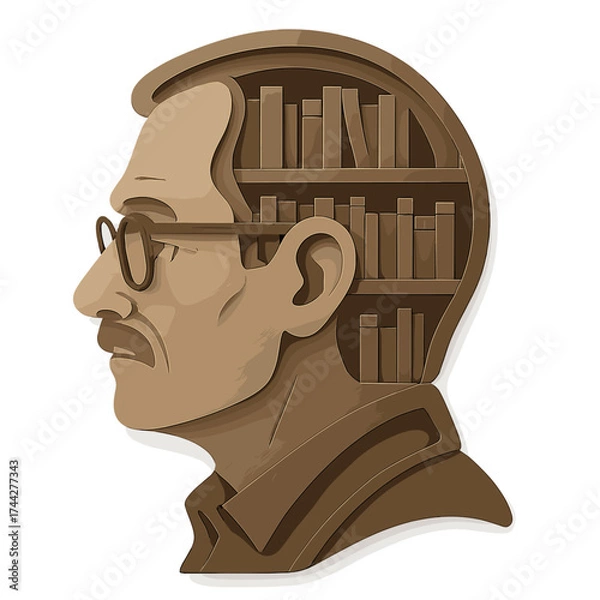 Fototapeta Profile of a man with bookshelf inside head in layered paper art style
