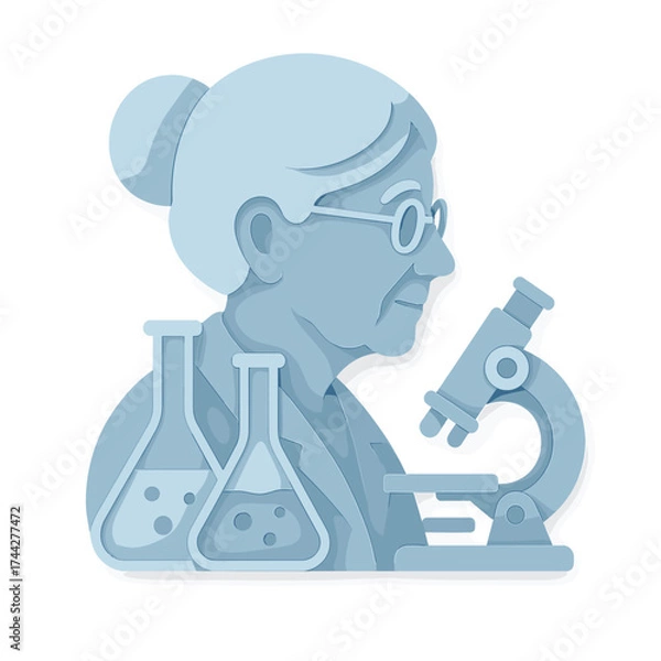 Fototapeta Scientist in lab experimenting with microscope and beakers in modern 3d silhouette design