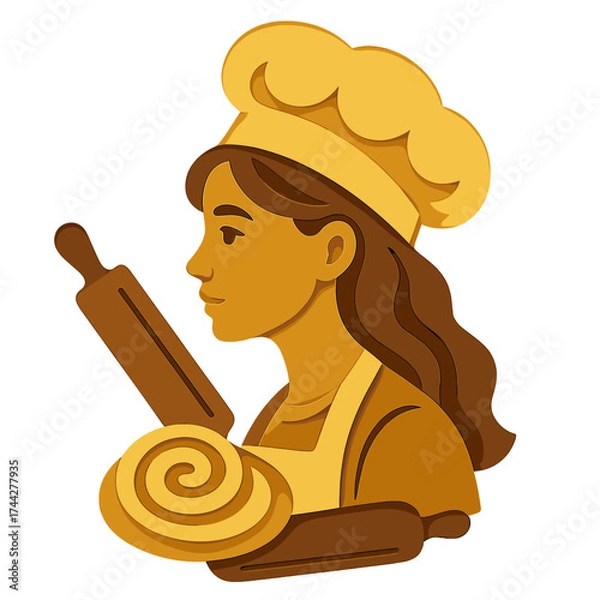 Fototapeta Paper art style bakery chef with rolling pin and pastry elements