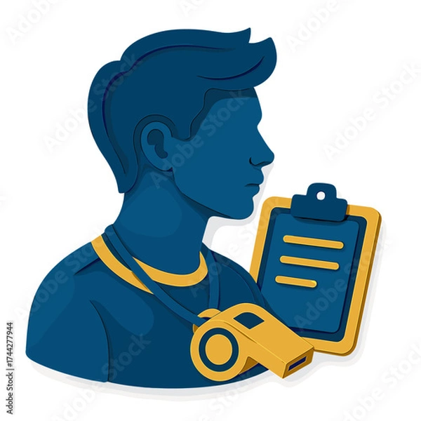 Fototapeta Dynamic 3d male coach figure with whistle and clipboard icon in blue and yellow tones