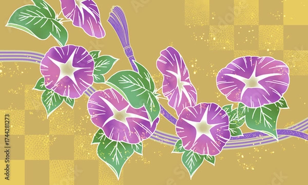 Fototapeta 鮮やかな朝顔と金箔の和柄背景の図画