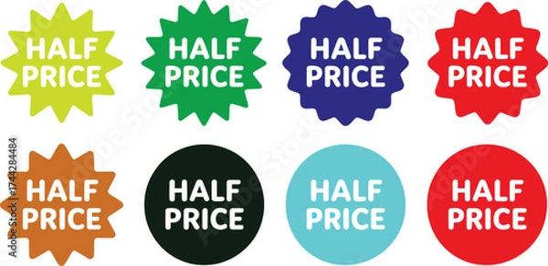 Fototapeta Set of eight starburst and circular badges with the text HALF PRICE in white against brightly colored backgrounds, perfect for retail promotions and discounts