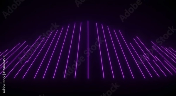 Fototapeta Geometric arrangement of glowing purple lines creates a futuristic digital landscape against a dark backdrop.