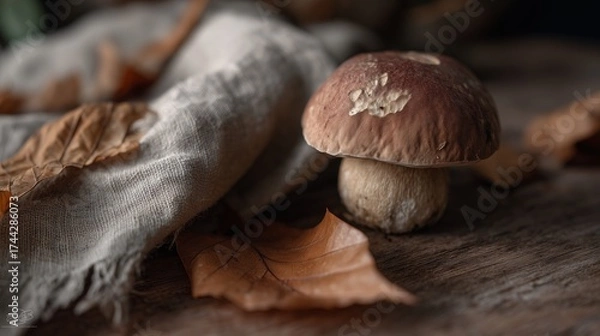Fototapeta Close-up of a fresh porcini mushroom on a wooden table with dry autumn leaves and natural linen fabric in the background. Rustic still life with warm natural light and autumn mood.