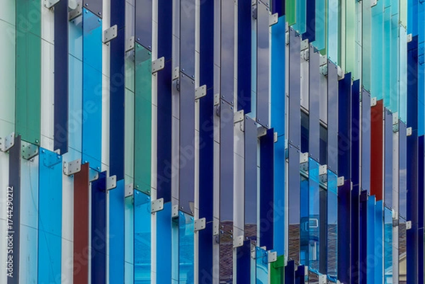 Fototapeta Colorful Architectural Facade with Decorative Plexiglass and Metal Panels