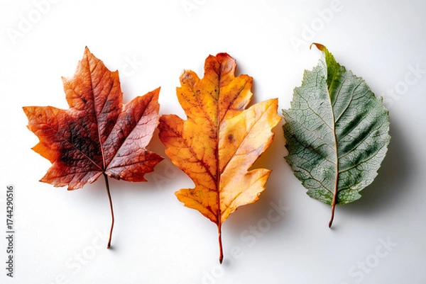 Fototapeta Leaves in autumn hues arranged in a row, showcasing red, yellow, and green tones on a clean background.