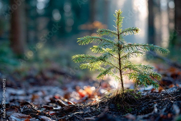 Fototapeta A tiny evergreen seedling stands on forest floor with soft sunlight and blurred background, highlighting fresh growth and natural serenity.
