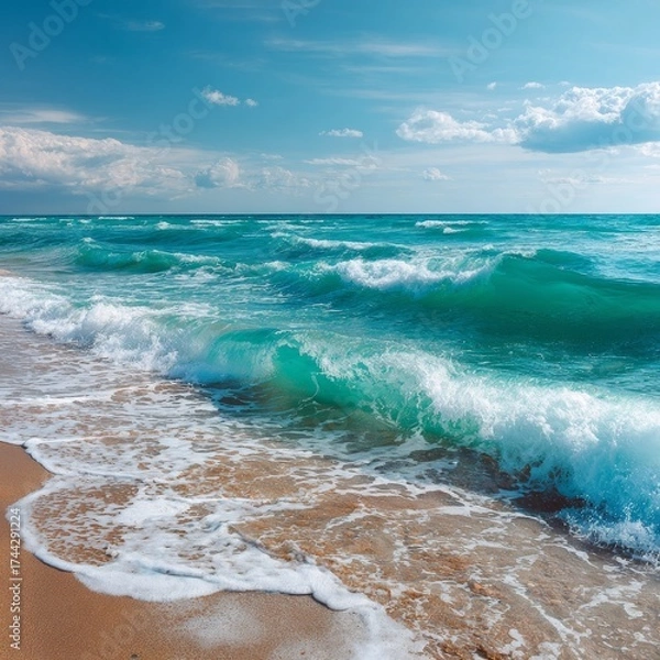 Fototapeta As the sun glistens on the tranquil sea, waves gently embrace the sandy shore, whispering tales of relaxation and adventure. This idyllic coastal paradise invites wanderers to bask in its serene beaut