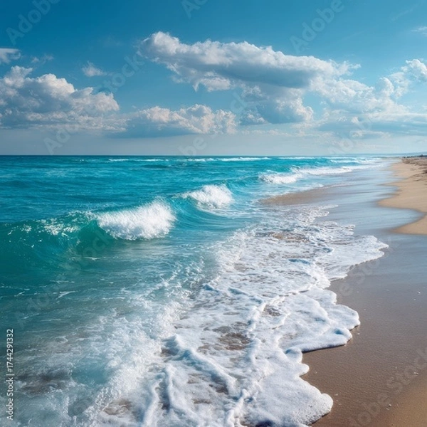Fototapeta As the sun glistens on the tranquil sea, waves gently embrace the sandy shore, whispering tales of relaxation and adventure. This idyllic coastal paradise invites wanderers to bask in its serene beaut