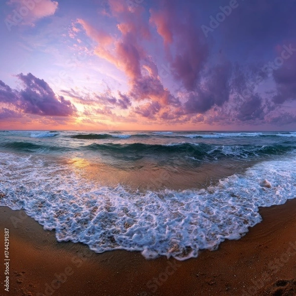 Fototapeta As the sun glistens on the tranquil sea, waves gently embrace the sandy shore, whispering tales of relaxation and adventure. This idyllic coastal paradise invites wanderers to bask in its serene beaut