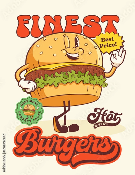 Fototapeta Groovy Burger Retro Character Poster. Cartoon Smiling Hamburger Advertising Banner Card with Price Stickers. Vector Fast Food Restaurant Funky Mascot Template. Happy Vintage Cool Illustration Isolated