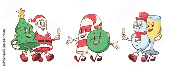 Fototapeta Groovy Christmas Retro Characters Set. Cartoon Santa, Pine Tree, Snowman, Cane and Ball Vector Winter Holiday Xmas Mascot Templates. Happy Vintage Cool New Year Comic Illustrations Collection Isolated