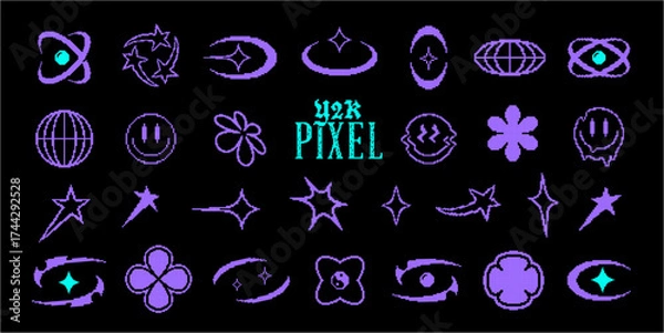 Fototapeta Pixel y2k retro icons set. Abstract vector elements in vaporwave acid style. Geometric sticker shapes in pixel art style. Digital brutalist techno glitch bitmap symbols collection. Isolated