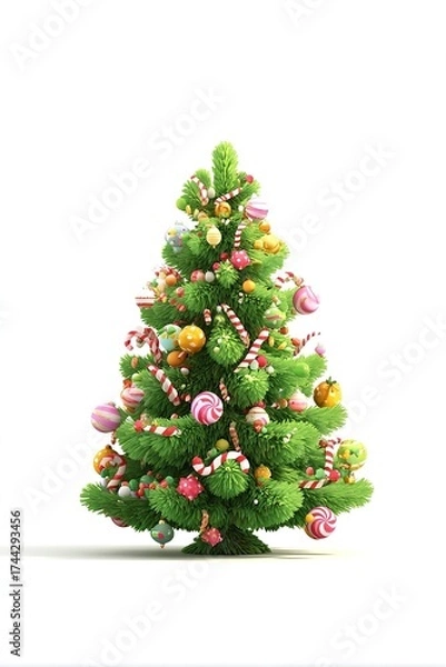 Fototapeta Christmas tree decorated in a bright candy and lollipop style, with volumetric shiny balls and ribbons, isolated on a white background
