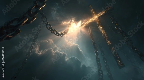 Fototapeta Christian golden cross brightly glowing in the sky, breaking through storm clouds with rays of light and surrounded by massive dark chains, symbolizing faith, power and liberation