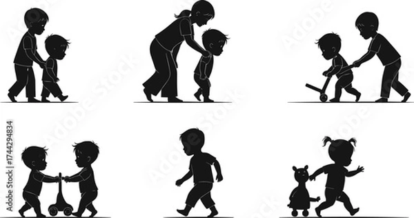 Fototapeta Children walking, playing, interacting, pulling toys, pushing scooters, guided by adults, showing early childhood development, motor skills, preschool activity, toddler mobility, infant care