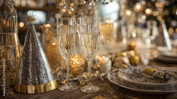 Fototapeta An elegant New Year's Eve party setting with a beautifully decorated table featuring sparkling champagne glasses, party hats, and glittering decorations. The ambiance is festive and inviting, ready fo