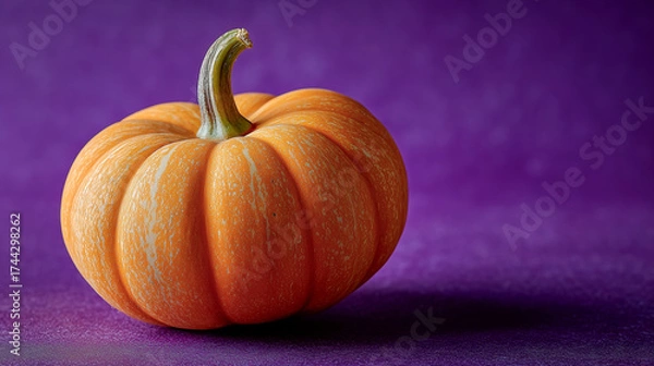 Fototapeta This pumpkin rests on a rich purple backdrop, a warm glow highlighting its textured rind and plump form.