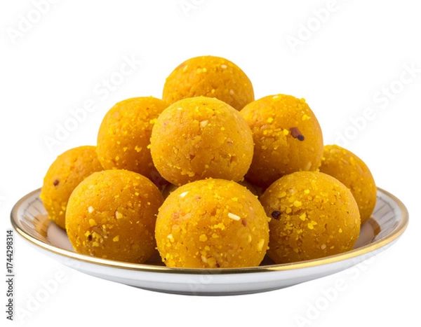 Obraz Delicious Besan Laddu on a Plate, Isolated on Transparent Background, Traditional Indian Sweet for Festive Celebrations
