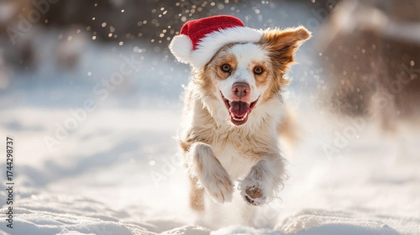 Fototapeta A playful dog wearing a Santa hat, frolicking in the snow. The dog's fur contrasts against the white snow, and its joyful expression captures the fun and excitement of the holiday season.