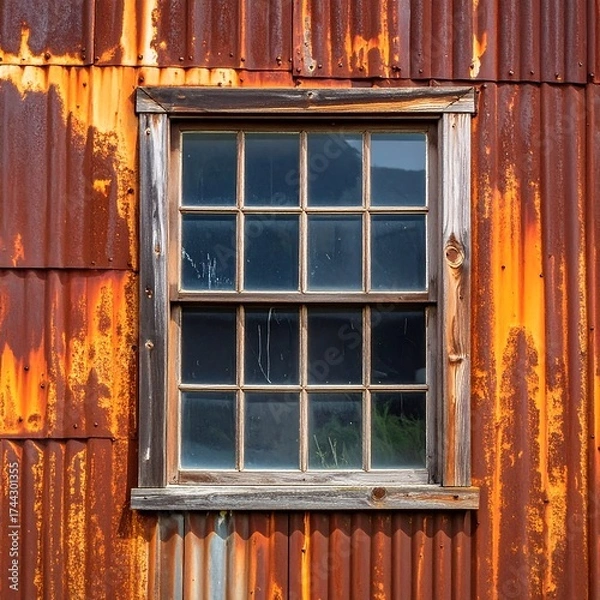 Obraz Rustic window framed by weathered corrugated metal