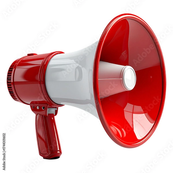 Fototapeta Classic red and white handheld megaphone for public speaking, sales, and urgent news communication