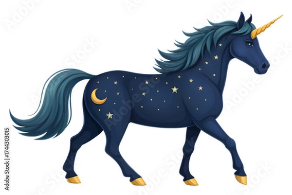 Fototapeta Mystical dark blue unicorn with golden horn and celestial star and moon patterns standing majestically isolated on transparent background