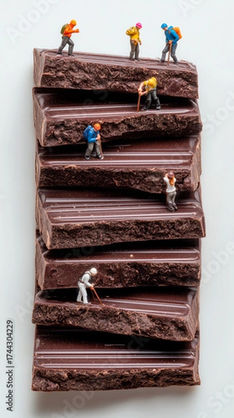 Fototapeta Logo of tiny workers on stacked dark chocolate bars, showing effort and texture with a glossy, artisanal look.