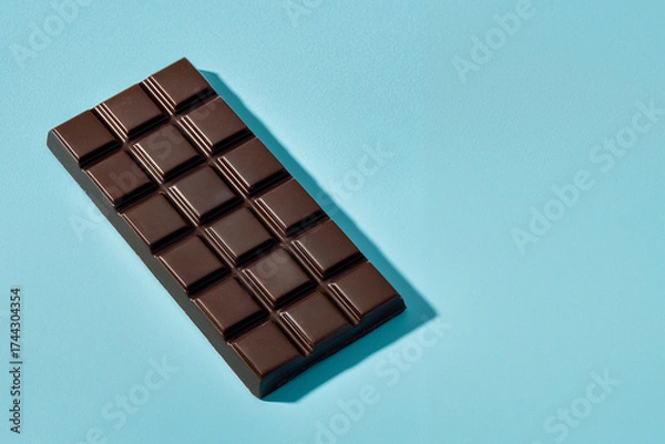 Fototapeta This dark chocolate bar rests on a blue backdrop, showcasing glossy squares and a premium, indulgent look.