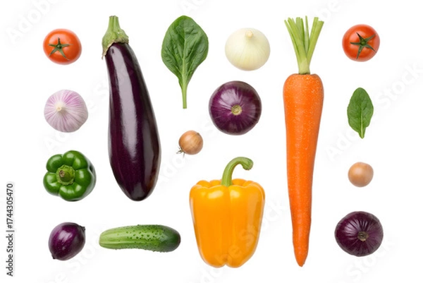 Fototapeta A vibrant assortment of fresh raw vegetables including eggplant carrots bell peppers tomatoes onions and cucumber isolated on transparent background
