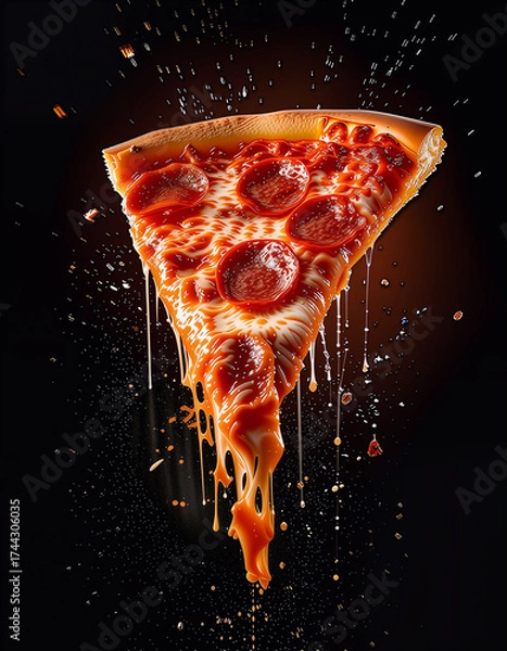 Obraz Pepperoni Pizza Slice With Melting Cheese Drips On Dark Background, Dramatic Food Art Photography