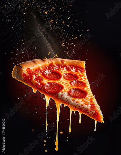Obraz Pepperoni Pizza Slice With Melting Cheese Drips On Dark Background, Dramatic Food Art Photography