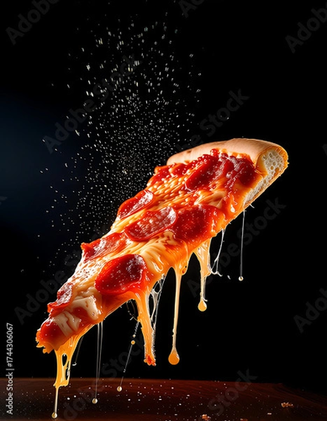 Obraz Pepperoni Pizza Slice With Melting Cheese Drips On Dark Background, Dramatic Food Art Photography